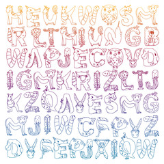 Animal alphabet. Zoo alphabet. Letters from A to Z. Cartoon cute animals. Elephant, dog, flamingo, giraffe, horse, alligator, bear, cat.