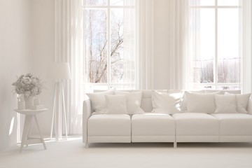 Mock up of stylish room in white color with sofa and winter landscape in window. Scandinavian interior design. 3D illustration