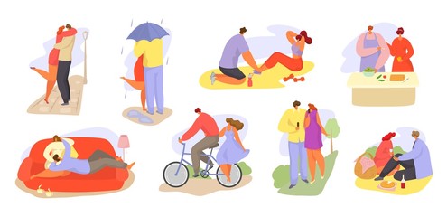 Couples of loving people together daily activities vector illustration isolated set. Men, women happy couples romantic dates. Walk, relax on couch or outdoor picnic, ride bike, cook and do sports.