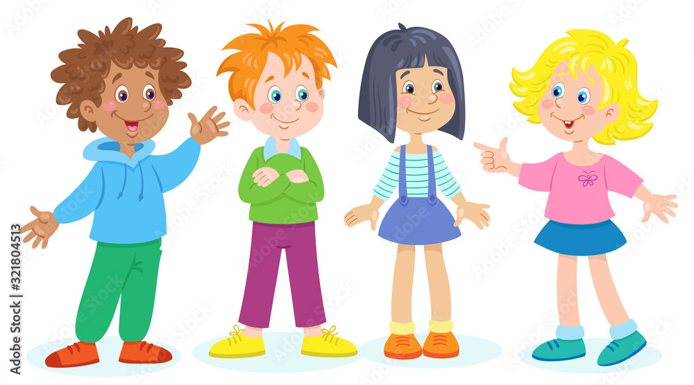 Canvas Prints Four little funny children of different nationalities stand and talk. In cartoon style. Isolated on white background. Vector illustration.