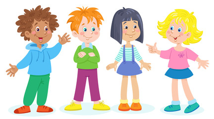 Four little funny children of different nationalities stand and talk. In cartoon style. Isolated on white background. Vector illustration.