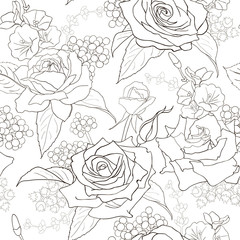 Seamless pattern with roses. White flowers, leaves on black background. Abstract monochrome pattern