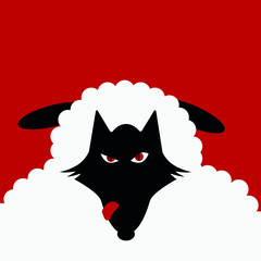 Illustration of a wolf in sheep's clothing on a red background. place for an inscription.