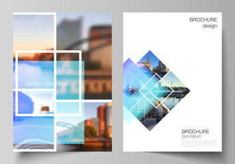 The vector layout of A4 format modern cover mockups design templates for brochure, magazine, flyer, booklet, annual report. Creative trendy style mockups, blue color trendy design backgrounds.