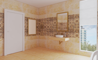 Scandinavian bathroom, classic  vintage interior design. 3D rendering.. Empty paintings