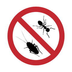 Vector silhouette of no cockroach and ant mark on white background. Symbol of stop annoying insect.