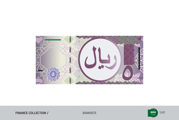 5 Saudi Arabia Riyal Banknote. Flat style highly detailed vector illustration. Isolated on white background. Suitable for print materials, web design, mobile app and infographics. 