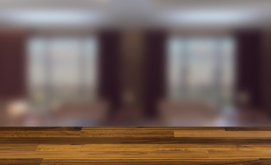 Empty interior with large window. Retro light bulb. The floor is of brown parquet.  3D rendering. wooden table. blurred background