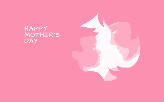 Mother's day holiday banner design. Mother with her baby stylized silhouettes on pink backgrounds for mothers day greeting card, banner, poster. Vector illustration, layers are isolated, cartoon style
