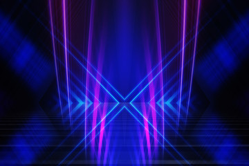 Abstract dark background of empty scene with ultraviolet light. Neon light figures in the center of the stage.