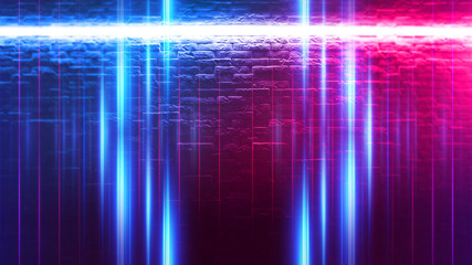 Background of empty brick wall, neon light, digital neon shapes on the background of an old brick wall. Spotlight