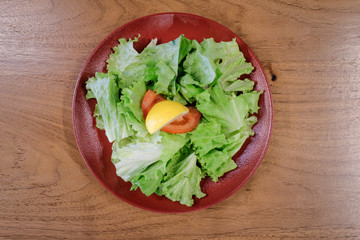 Restaurant food served on a red plate. Fish, cheese, salad, vegetables, sauce.