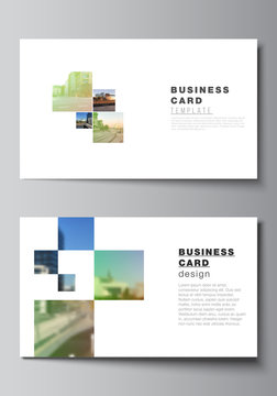Vector layout of two creative business cards design templates, horizontal template vector design. Abstract project with clipping mask green squares for your photo.