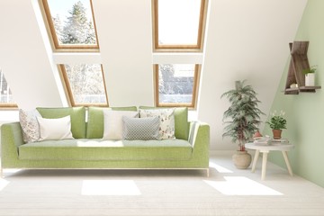 Stylish room in white color with sofa and winter landscape in window. Scandinavian interior design. 3D illustration