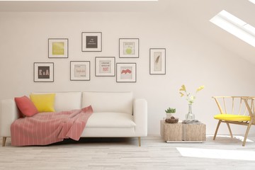 Stylish room in white color with sofa. Scandinavian interior design. 3D illustration