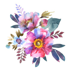 Peony and apple flowers.Bouquet of decorative flowers of pink, blue, lilac color, place for text.Suitable for cards, covers ,wedding, invitations, paper bags, home decor, Valentine's day, Mother's day