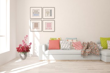 Stylish room in white color with sofa. Scandinavian interior design. 3D illustration