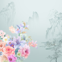 Set of card with flower rose, leaves, mountains. Wedding ornament concept. Floral poster, invite. Decorative greeting card or invitation design background