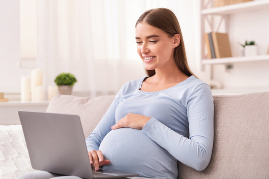 Happy Pregnant Lady Using Laptop Reading Blogs Sitting On Sofa