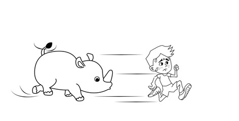 Outlined cartoon pattern of young boy running from rhinoceros for coloring book , Children's safety of life, 