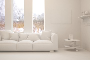 Mock up of stylish room in white color with sofa and winter landscape in window. Scandinavian interior design. 3D illustration