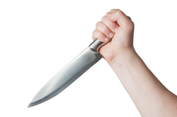 Man hold a big iron knife on white background