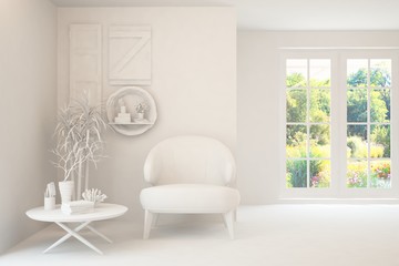 Mock up of stylish room in white color with armchair and green landscape in window. Scandinavian interior design. 3D illustration