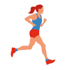 Fototapeta na wymiar Running woman. Beautiful girl in excellent sport shape runs. Cartoon realistic illustration. Flat sportive people. Concept sports lifestyle, training. Fitness. Vector illustration on white background.
