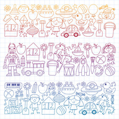 Kindergarten preschool school children. Kids drawing style vector pattern. Play grow learn together.