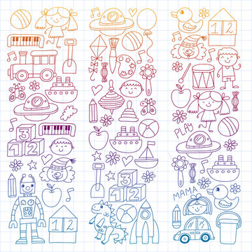 Kindergarten preschool school children. Kids drawing style vector pattern. Play grow learn together.