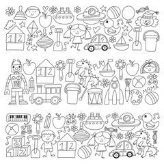 Kindergarten preschool school children. Kids drawing style vector pattern. Play grow learn together.