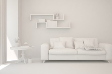 Mock up of stylish room in white color with sofa. Scandinavian interior design. 3D illustration