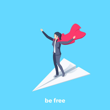 isometric vector image on a blue background, a woman in a business suit with a red super hero splash flies on a paper airplane, achieving high results and business success