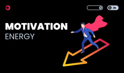 Fototapeta na wymiar isometric vector image on a black background in the form of a landing, a man in a business suit and in a red cloak of a super hero stands on the arrow, motivation energy in business