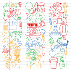 Kindergarten preschool school children. Kids drawing style vector pattern. Play grow learn together.