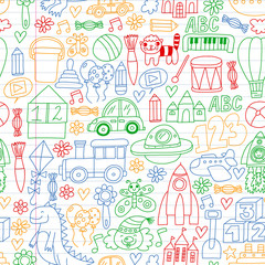 Naklejka premium Kindergarten preschool school children. Kids drawing style vector pattern. Play grow learn together.