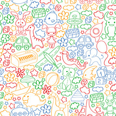 Vector pattern with children toys. Kindergarten elements in doodle style for little kids. Education, play, grow