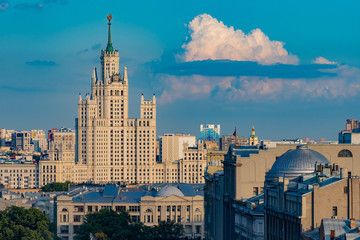 Moscow. Russia. Seven sisters. High-rise building on a background of blue sky. Moscow skyline. Roof...
