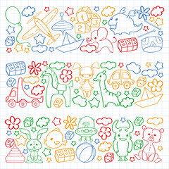 Vector pattern with children toys. Kindergarten elements in doodle style for little kids. Education, play, grow
