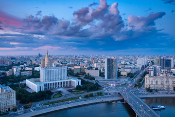Fototapeta na wymiar Moscow. Russia. Parliament building top view. Moscow aerial view. Panorama of the morning city. Architectural tour of Moscow. Seven sisters. Tour to Russia. Russia town. Streets of the capital