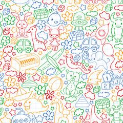 Vector pattern with children toys. Kindergarten elements in doodle style for little kids. Education, play, grow © Anastasia