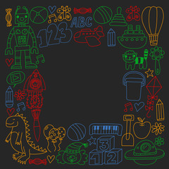 Vector pattern with children toys. Robot, rocket, horse, doll