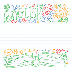 English courses. Doodle vector concept illustration of learning english language.