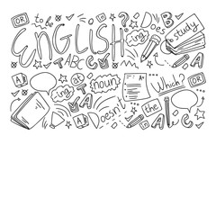 English courses. Doodle vector concept illustration of learning english language.