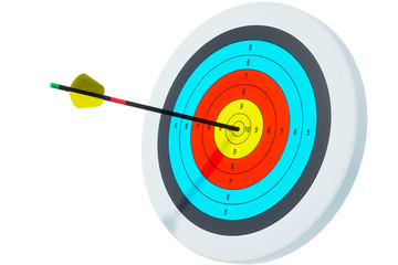 Archery target. The arrow hit right on target. 3D render. Isolate