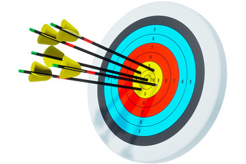 Archery target. All arrows are right on target. 3D render. Isolate