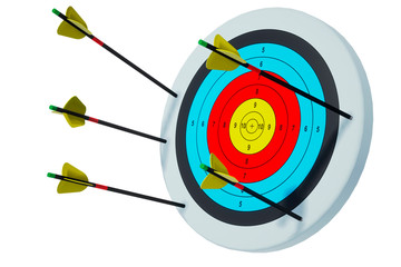 Archery target. All arrows are past the target. 3D render. Isolate