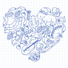 Spain vector pattern. Spanish traditional symbols and objects.