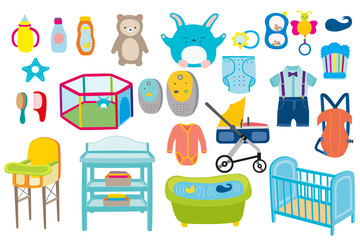 Baby boy kid kit vector illustration. Babies toys, clothes and bath newborn care collection flat style isolated on white