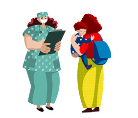 Doctor pediatrician and the mother with a baby on a white background. Vector illustration in a flat style. Caring for the health of the child